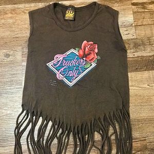 Vtg 80s RARE 3D Emblem "Truckers only" Roses Fringed Biker Texas Crop top
